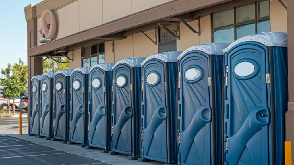 Clean blue porta potty units ready for rental